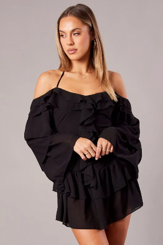 Black Ruffle Dress Bardot Layered Frill Sleeve Dress