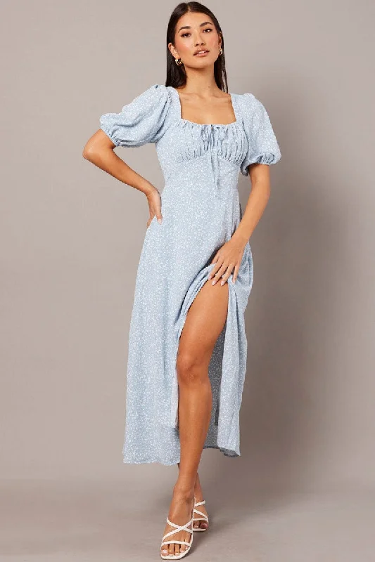 Blue Ditsy Midi Dress Short Sleeve Ruched Bust