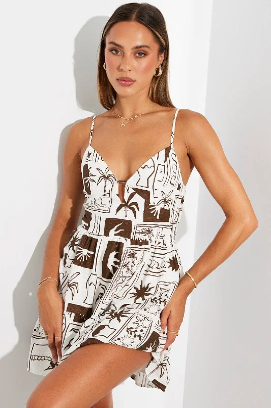 Brown Abstract Fit And Flare Dress Sleeveless