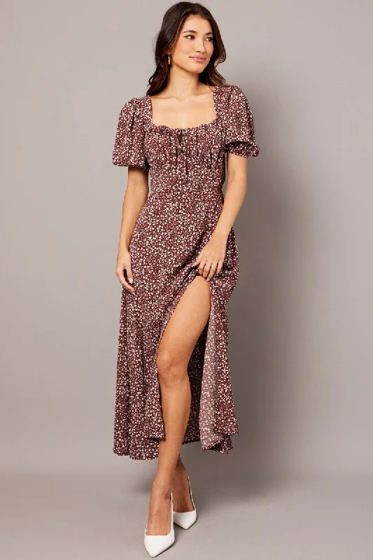 Brown Ditsy Midi Dress Puff Sleeve Midi