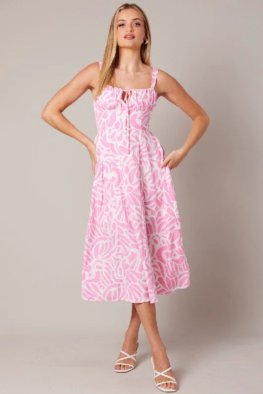 Pink Print Midi Dress Gathered Bust Midi