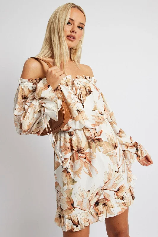 White Floral Off Shoulder Dress Balloon Sleeve Skater Dress