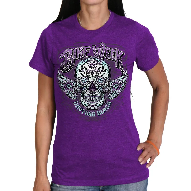 Hot Leathers EDL1061 Women's 2023 Daytona Beach Antique Sugar Skull Purple T-Shirt