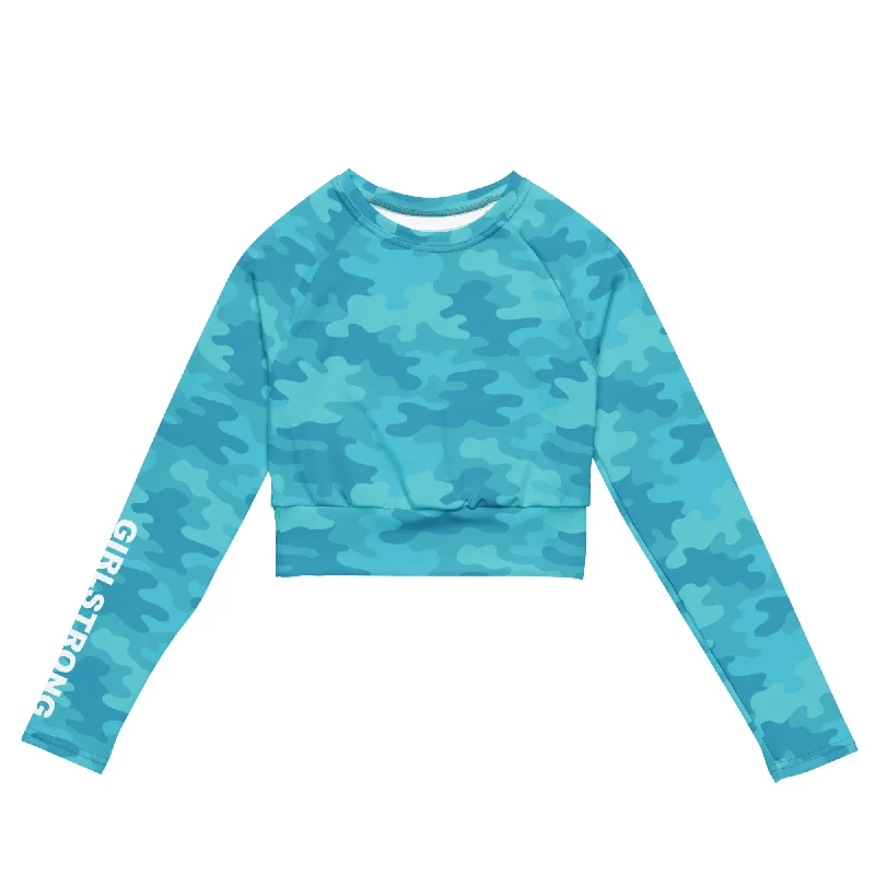 THE ESSENTIAL, SOFT AND STRETCHY, LONG SLEEVE FITTED CROP TOP TURQUOISE CAMO