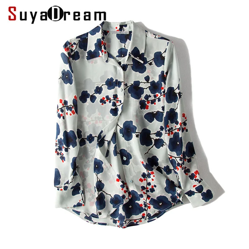 Women Silk Blouse 100% REAL SILK CREPE Vintage Floral print long sleeve button blouse shirt Blusas femininas 2019 Spring Shirt