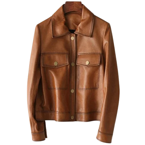 Womens Reese Front Pocket Brown Genuine Lambskin Leather Jacket