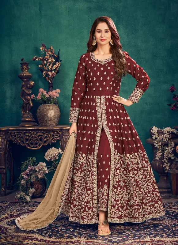 Bridal Red Zari Embroidered Slit Style Anarkali Pant Suit