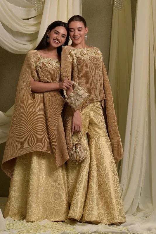 Divine Embroidered Cape With Brocade Sharara Pants - Gold