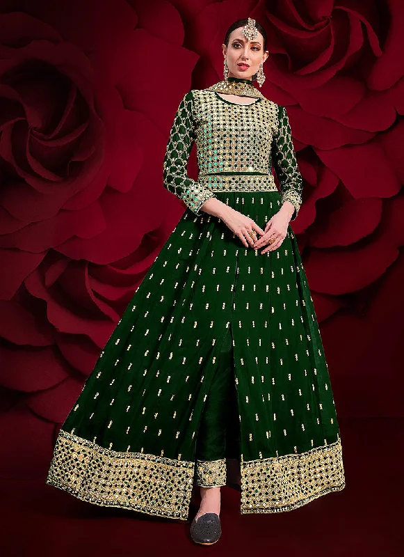 Green Golden Mirror Work Slit Style Anarkali Pant Suit