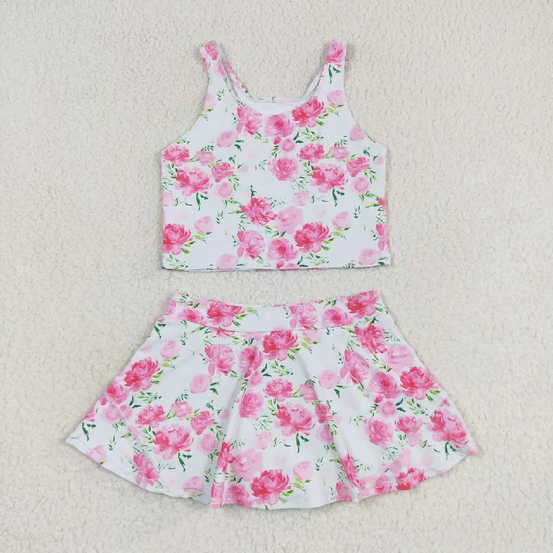 GSD0994 Girls summer Pink floral sleeveless pantsuit swimsuit