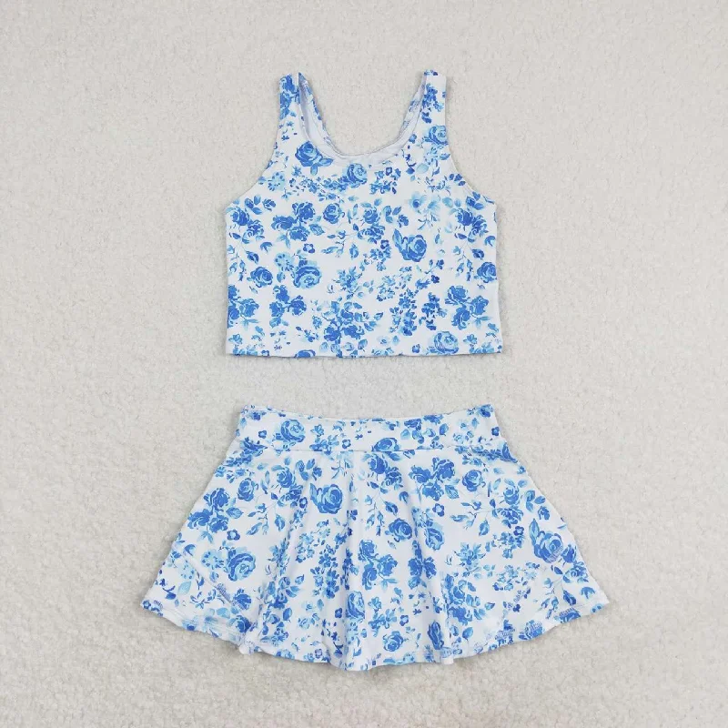 GSD0995 Girls summer Blue flowers white sleeveless pantsuit