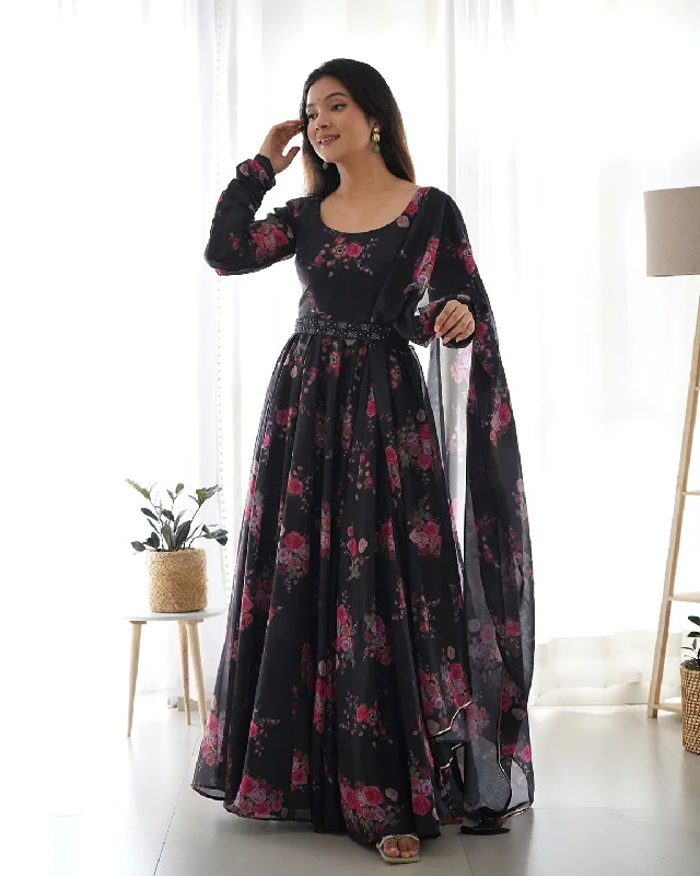 Lorenvalley Fashion Women Pure Soft Organza Silk Anarkali Kali Cut Gown With Pant Dupatta Set - Wine