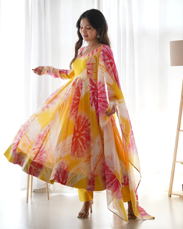 Lorenvalley Fashion Women Pure Soft Organza Silk Print With Kali Pattern Fully Flair Anarkali With Pant Dupatta Set - Yellow