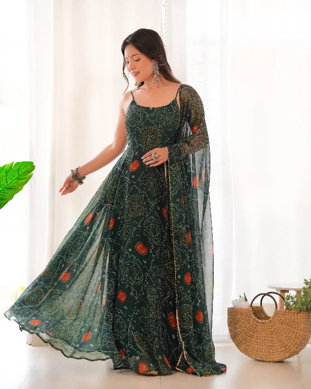 Lorenvalley Women Soft Chiffon Bandhej Fabric Print Fully Flair Anarkali With Pant Dupatta Set - Green