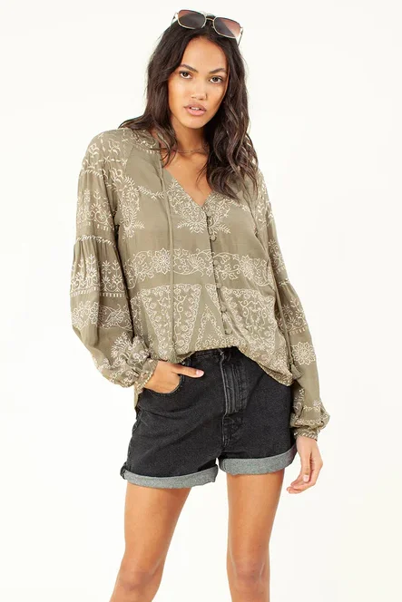 Olive Panthea Embroidered Top