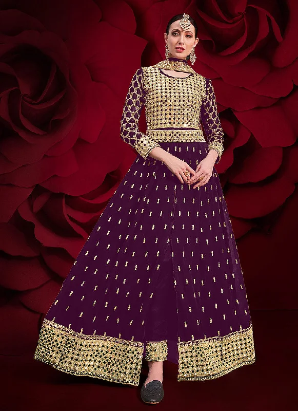 Purple Golden Mirror Work Slit Style Anarkali Pant Suit