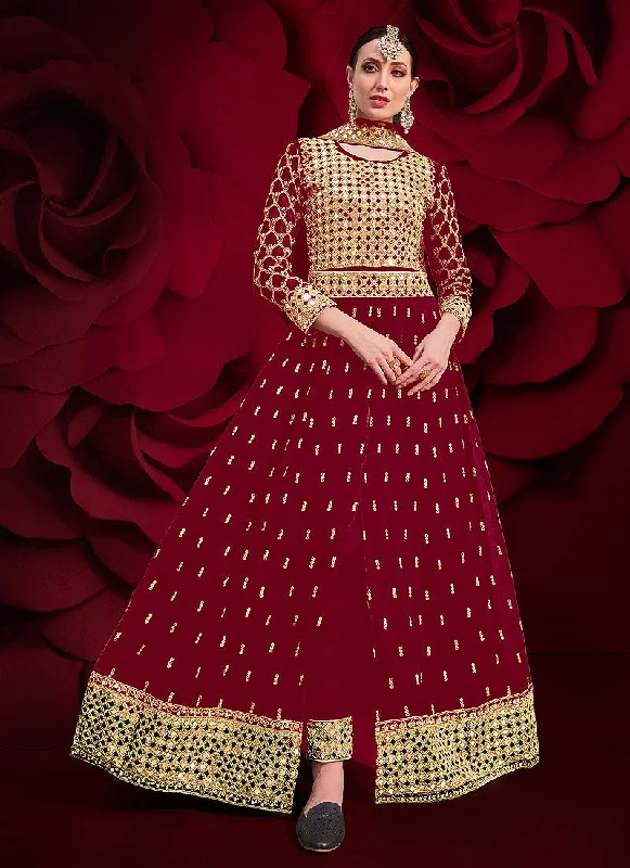 Red Golden Mirror Work Slit Style Anarkali Pant Suit