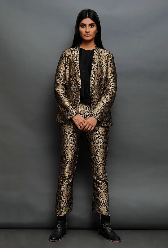 Set Of Black Brocade Blazer And Pant With Dupion Top