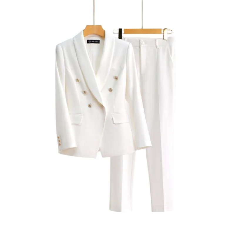 WELLINGTON SUITS Women's Elegant Stylish Office Fashion Ivory White Blazer Jacket & Pants Suit Set