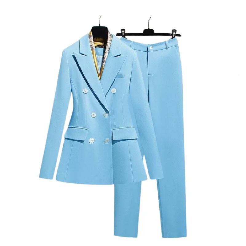 WELLINGTON SUITS Women's Elegant Stylish Office Fashion Light Blue Sky Blue Blazer Jacket & Pants Suit Set