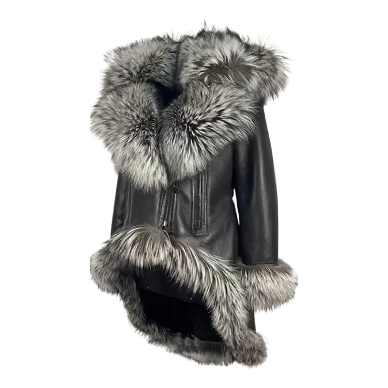 Women's High and Low Silver Fox Trimmed Leather coat Style # 2024