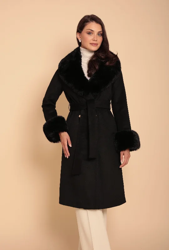 'Marlene' Cashmere and Wool Coat with Faux Fur in Nero