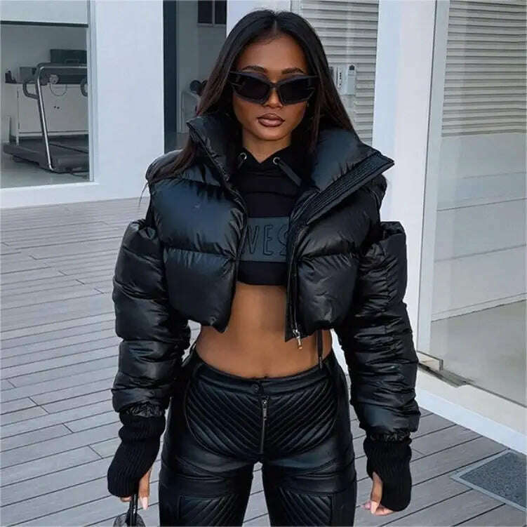 BIIKPIIK Streetwear Hollow Out Solid Puffer for Women Casual Zip Up Long Sleeve Turtleneck Autumn Winter Coats Fashion Jackets