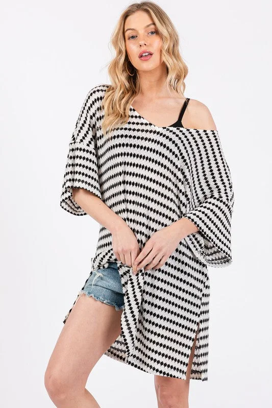 BLACK DOT STRIPED V-NECK TUNIC COVER UP MINI DRESS DY5605STA