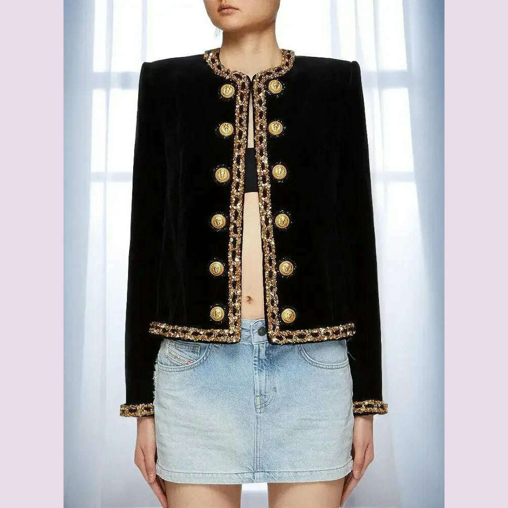 Black Velvet Jacket Women 2024 New Designer Beaded Sequins Chain Velvet Short Cardigan Coat New in Outerwears Jackets Blazer