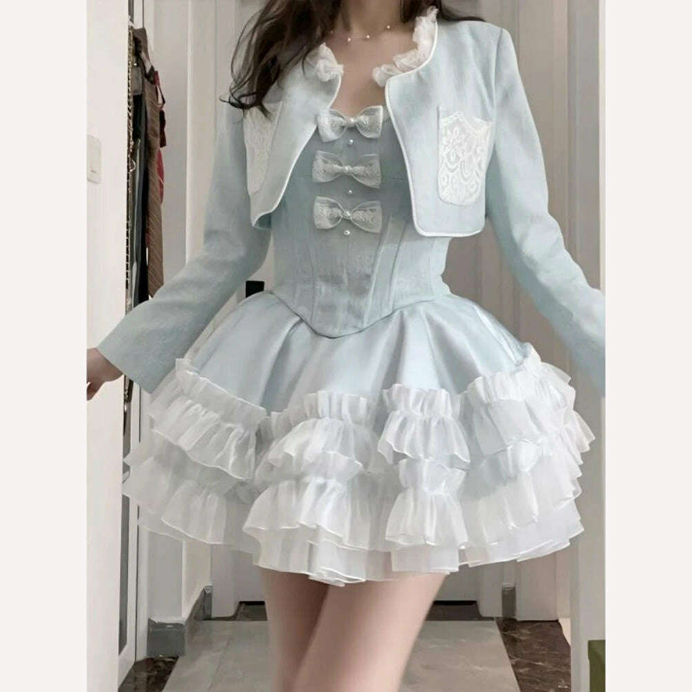 Blue Sweet Kawaii Two Piece Set Women Summer Sexy Elegant Party Mini Dress Suits Female Lolita Cute Dress + Long Sleeve Coat New