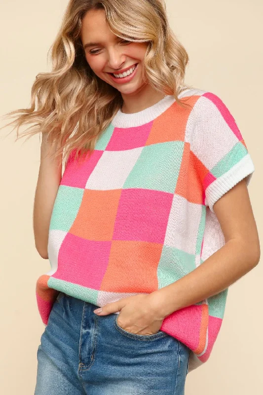 DOLMAN SHORT SLEEVE CHECKER SWEATER KNIT TOP