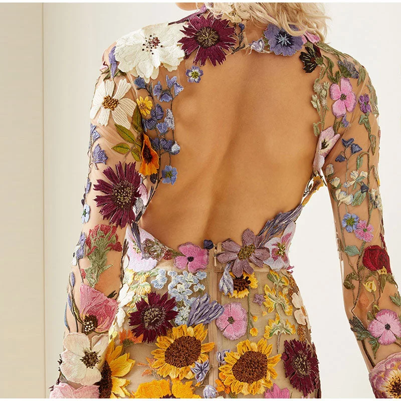 Floral Embroidery Long Sleeve Dresses 2023 Spring Evening Party Lady Vestido Elegant Luxury Women Mini Dress Half High Collar