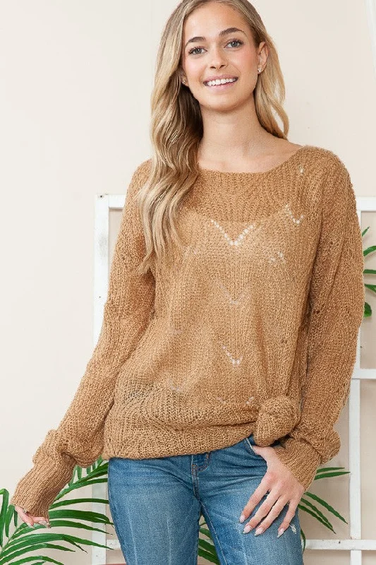 KHAKI CREWNECK HOLLOW CABLE KNIT PULLOVER SWEATER RJS3153