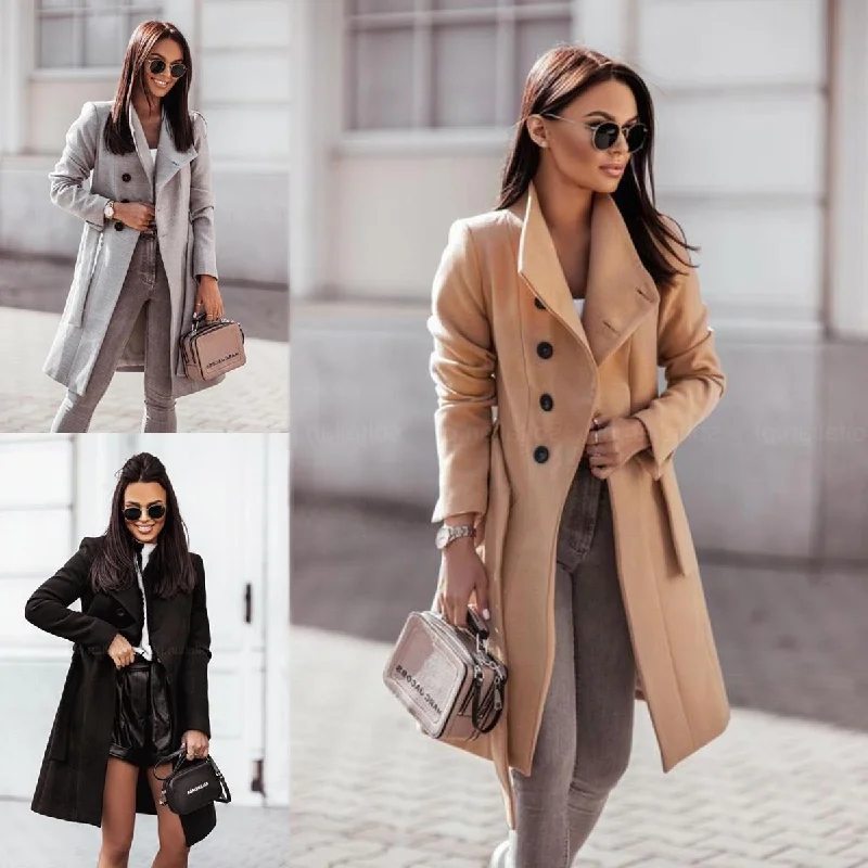 Women's Double Breasted Coat Midi Length Tie Belt Waist Fitted Jacket