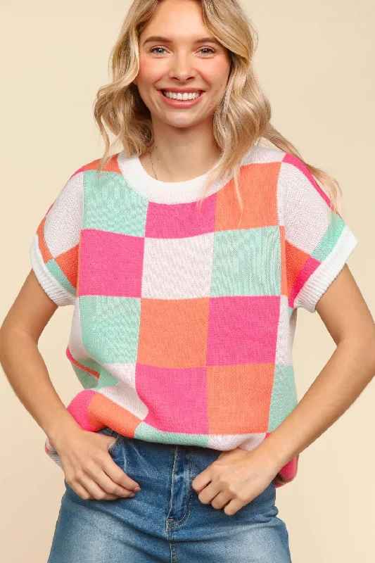 PLUS DOLMAN SHORT SLEEVE CHECKER SWEATER KNIT TOP