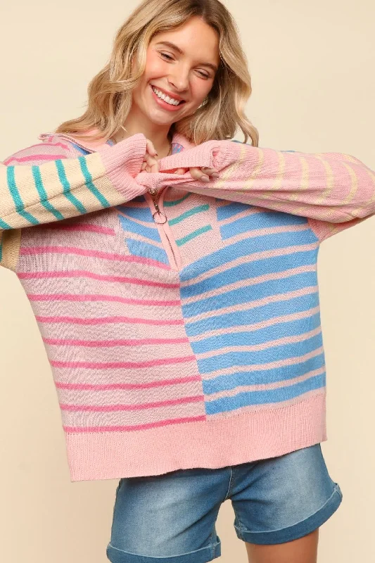 PLUS HALF ZIP UP STRIPE OVERSIZED SWEATER KNIT TOP