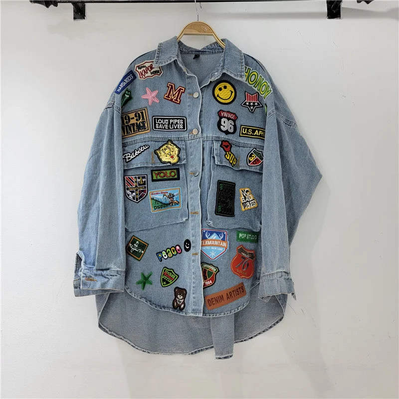 Women's Denim Vintage Badges Jackets Long Sleeve Button Front Streetwear Shirts Fashion