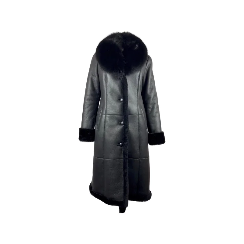 Women's Black Shearling Coat with Detachable Fox Collar  Style# 5007