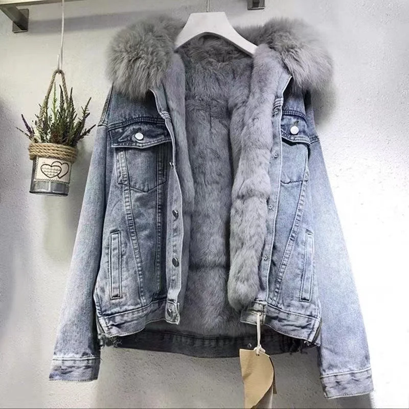 Women's Denim Fur Lined Hooded Jacket Fleece Coat