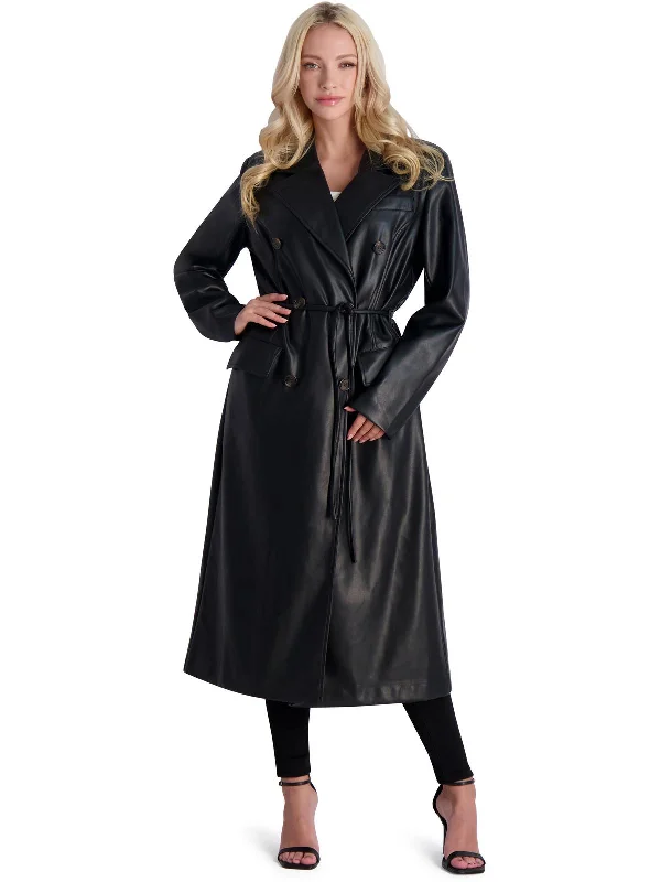 Womens Faux Leather Tie Waist Trench Coat