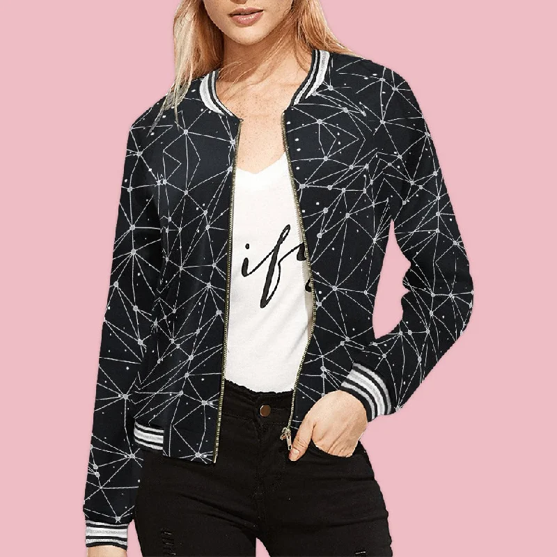 Women's Geometric Geo Print Horizontal Stripe Hem Zip-up Long Sleeve Casual Bomber Style Fashion Jacket