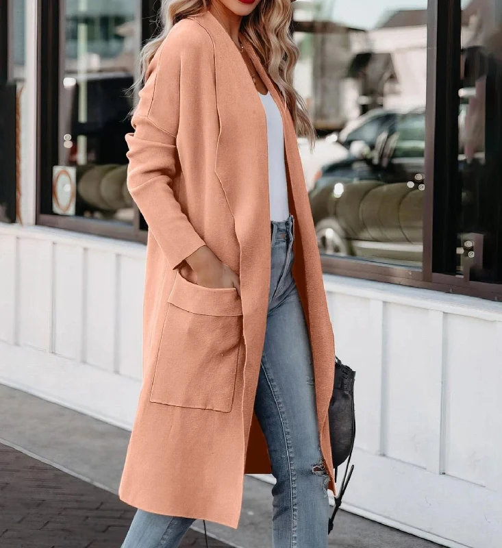 Women's Solid Colour Long Soft Coat Open Front With Pockets