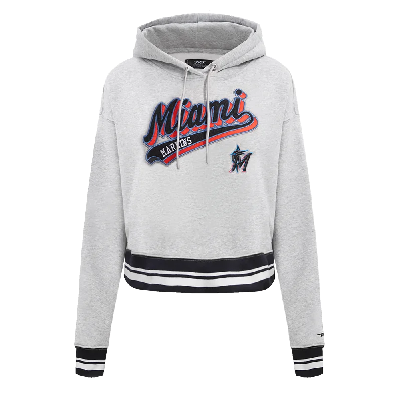 MLB MIAMI MARLINS SCRIPT TAIL WOMEN'S RIB FLC CROPPED PO HOODIE (HEATHER GRAY/BLACK)