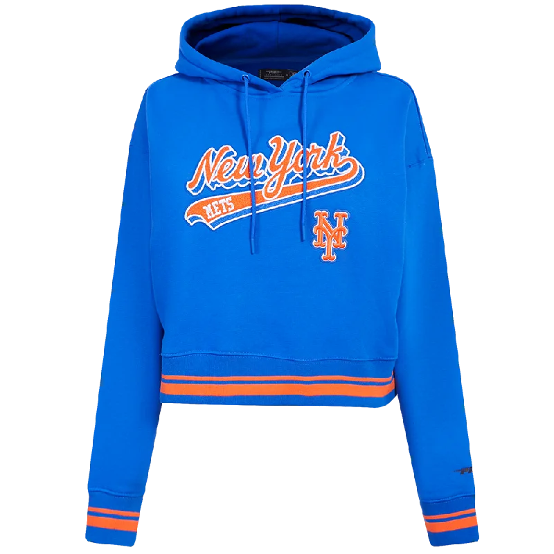 MLB NEW YORK METS SCRIPT TAIL WOMEN'S RIB FLC CROPPED PO HOODIE (ROYAL/ORANGE/ROYAL)