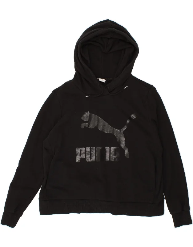 PUMA Womens Graphic Hoodie Jumper UK 14 Medium Black Cotton