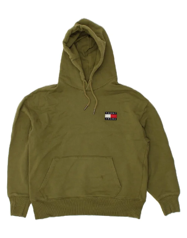 TOMMY HILFIGER Mens Hoodie Jumper Large Khaki Cotton