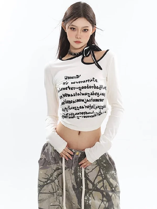 Colleen Solid Color Graphic Letter Print Openwork Irregular Lace-Up Monogram Print Long-Sleeved Top