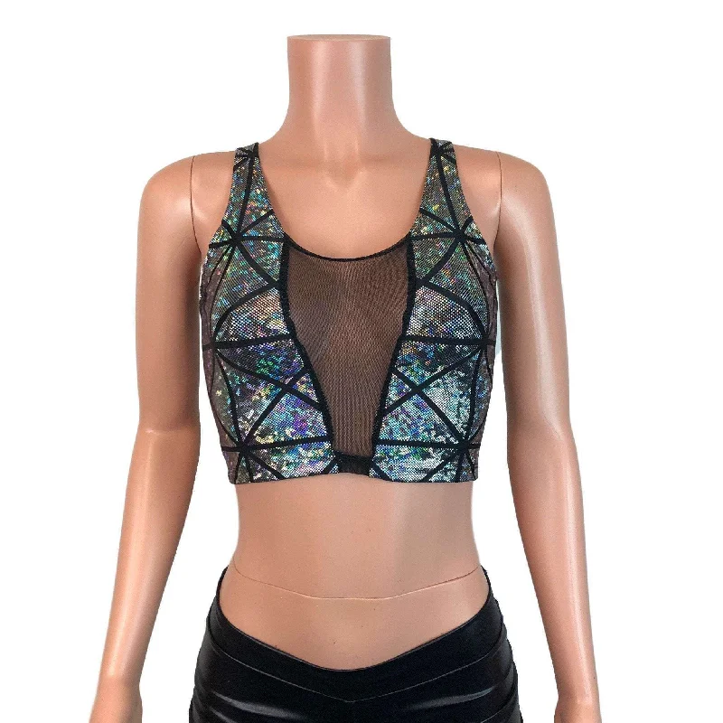 Mesh Inset Crop Tank Top - Silver Glass Pane Holographic