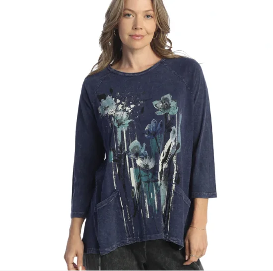 Jess & Jane M12Den-Denim Flower Print-2Pocket-Women's Top