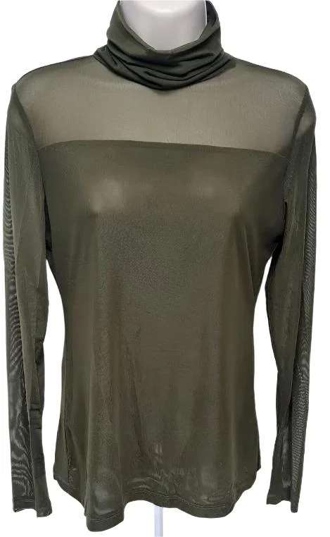 Top-Turtle Neck-Long Sleeve-Sheer-Olive-Women's-10220729